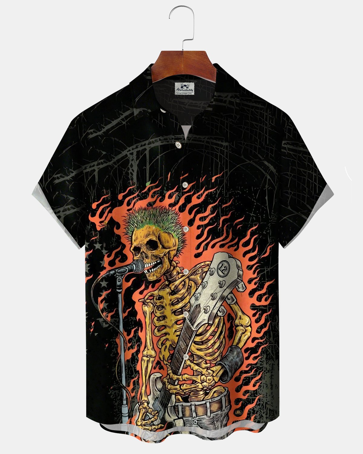 Alohadaddy® Men's Short-Sleeve Button-Down Shirt  Vintage Skull & Music Art Print with Pocket