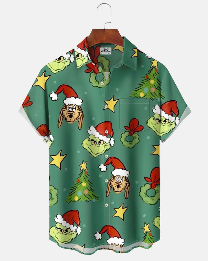 Alohadaddy® Holiday/Christmas Print Button-Down Short-Sleeve Shirt with Pocket for Men