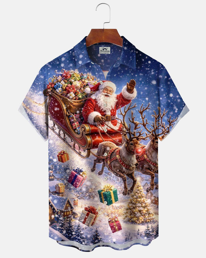 Alohadaddy® Holiday Santa Claus Print Button-Down Short-Sleeve Men’s Shirt with Pocket