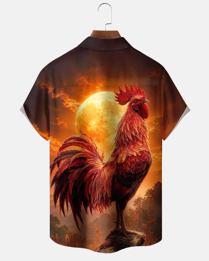 Alohadaddy® Men’s Short-Sleeve Button-Down Shirt with Vintage Rooster Print and Pocket