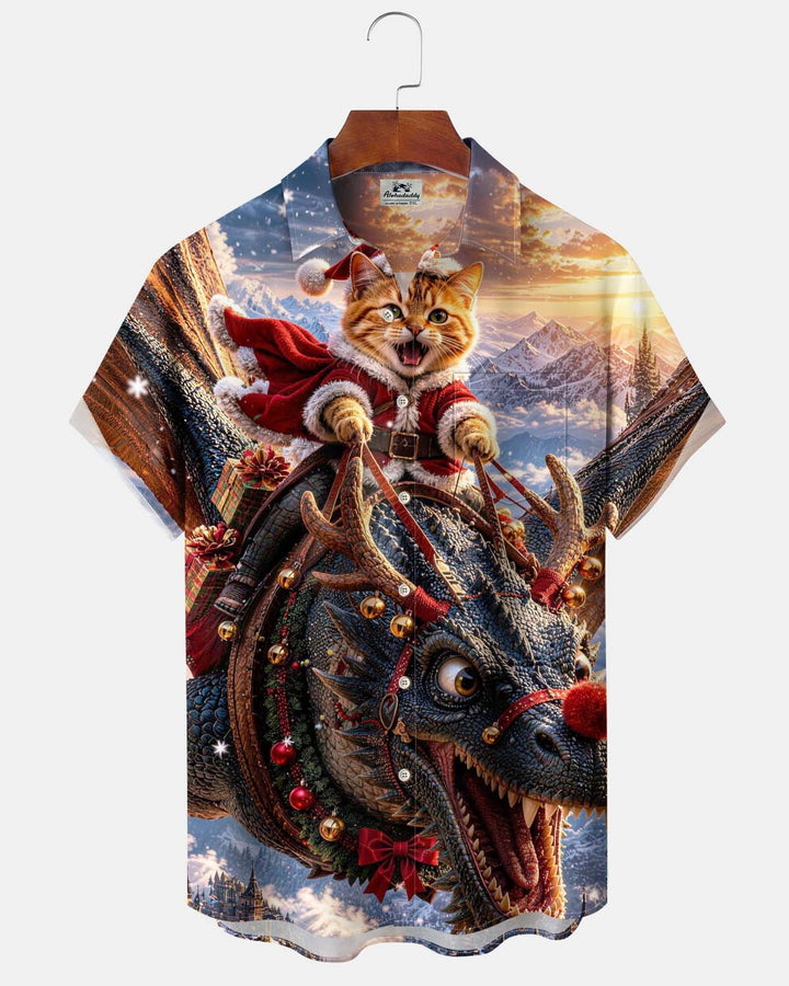 Alohadaddy® Holiday/Christmas Cat-Dragon Print Button-Down Short-Sleeve Men’s Cardigan Shirt with Pocket