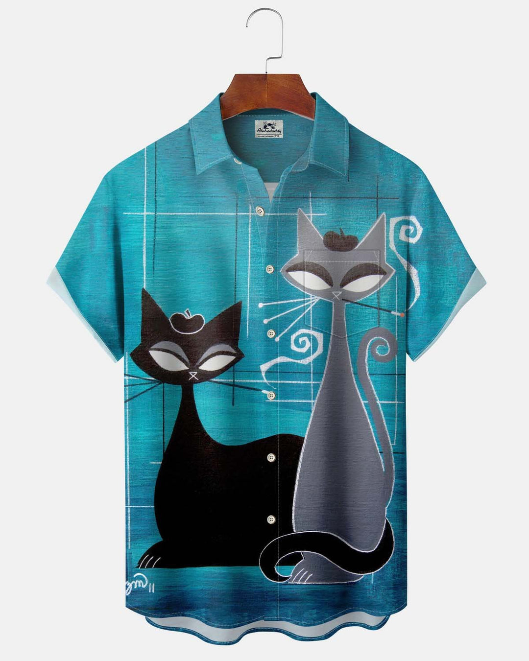 Alohadaddy® Vintage Atomic Cat Print Button-Down Short-Sleeve Men’s Shirt with Pocket