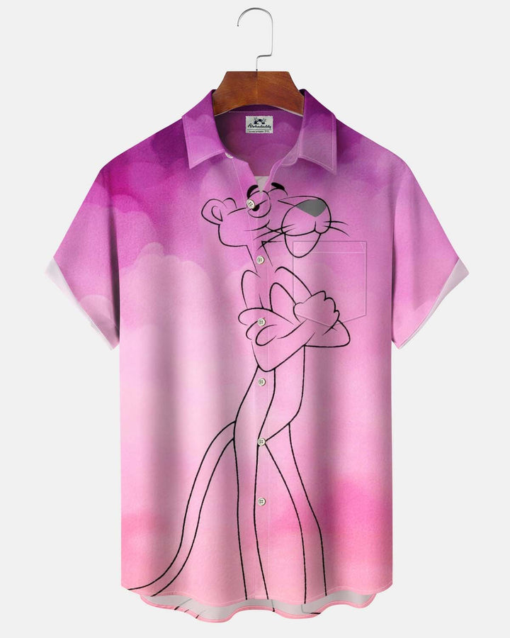 Alohadaddy® Men’s Short-Sleeve Casual Button-Down Shirt with Pink Panther Graphic Print and Pocket