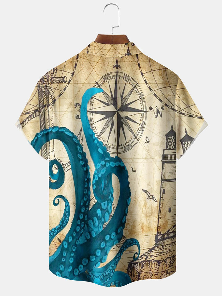 Alohadaddy Hawaii Octopus Contrast Color Map Print Art Pockets Button Elastic Large Size Men&