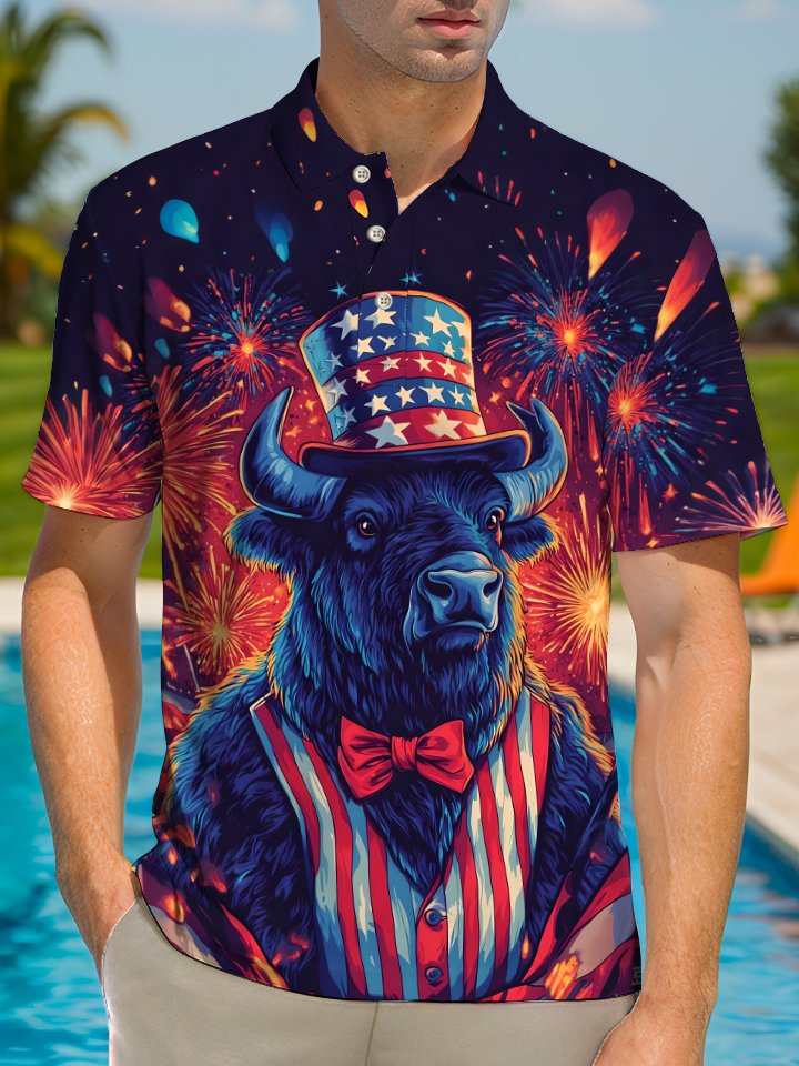 Alohadaddy Holiday Collection Independence Day Bull Button Stretch Oversized Polyester Short Sleeve Polo Shirt