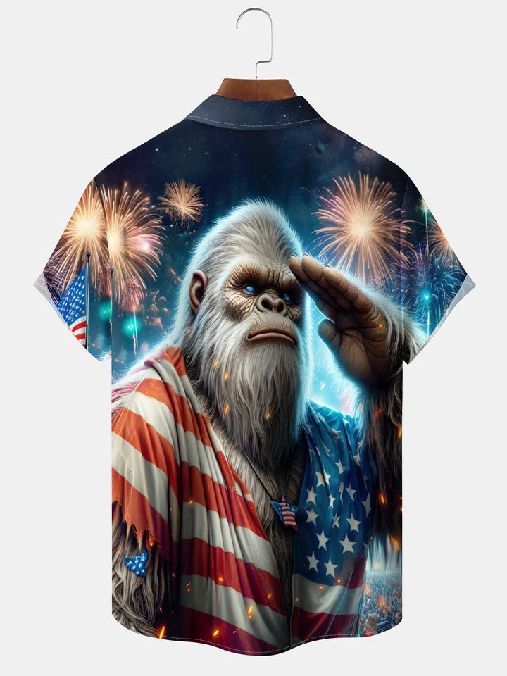 Alohadaddy Holiday Collection Independence Day Bigfoot American Flag Print Art Button Cardigan Pockets Large Size Long Short Sleeve Polyester Shirt