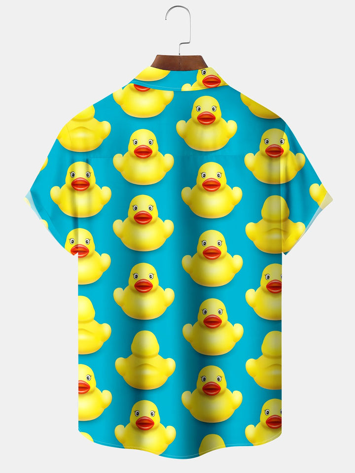 Alohadaddy Hawaiian Yellow Duck Toy Print Art Buttons Cardigan Pockets Stretch Large Size Short Sleeve Shirt