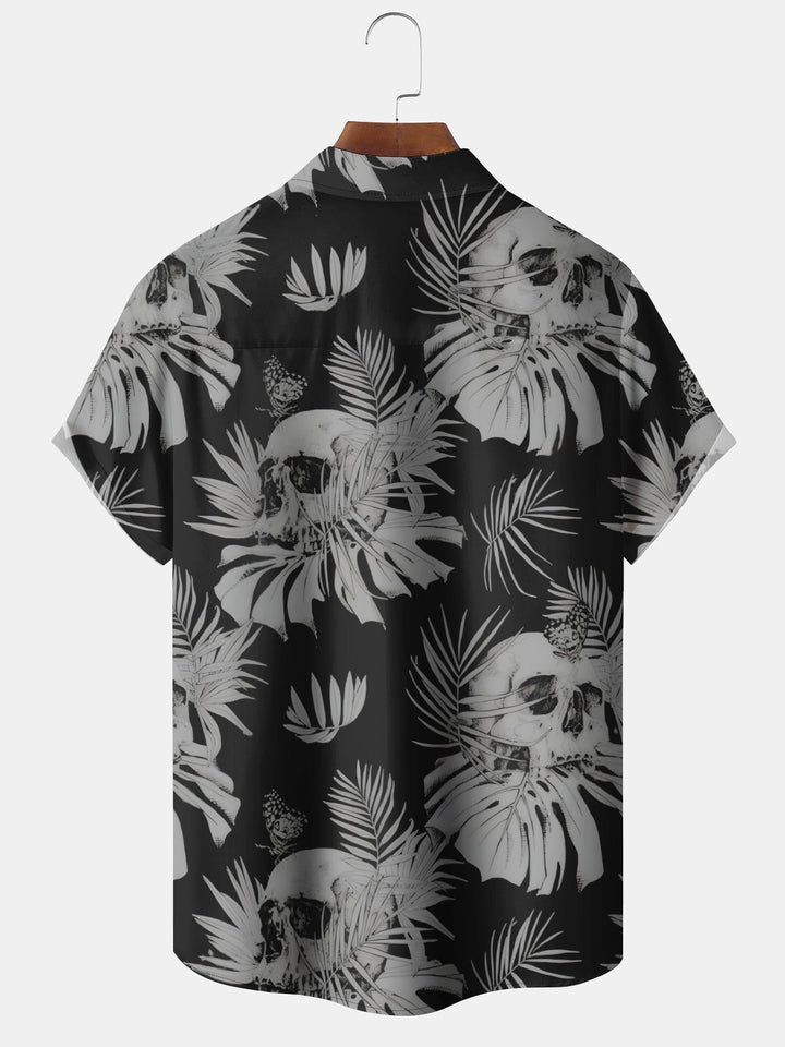 Alohadaddy Hawaii Skull Palm Leaves Painting Art Buttons Cardigan Pockets Stretch Large Size Long Short Sleeve Shirt