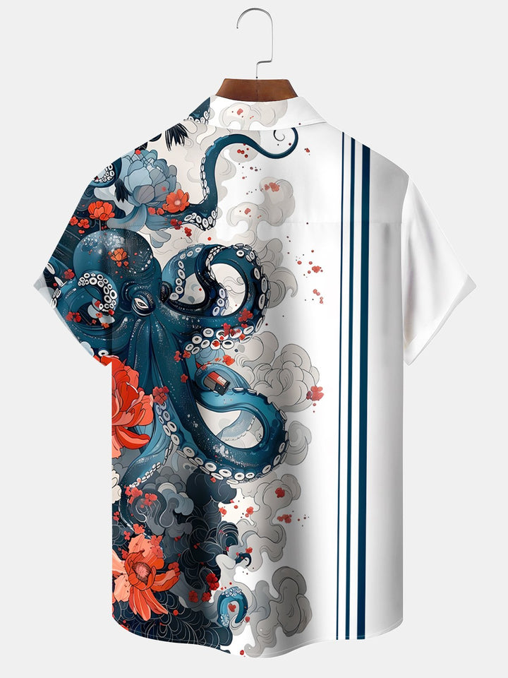 Alohadaddy Casual Collection Ukiyo-e Stripes Contrast Color Print Art Buttons Cardigan Pockets Stretch Long Oversized Shirt