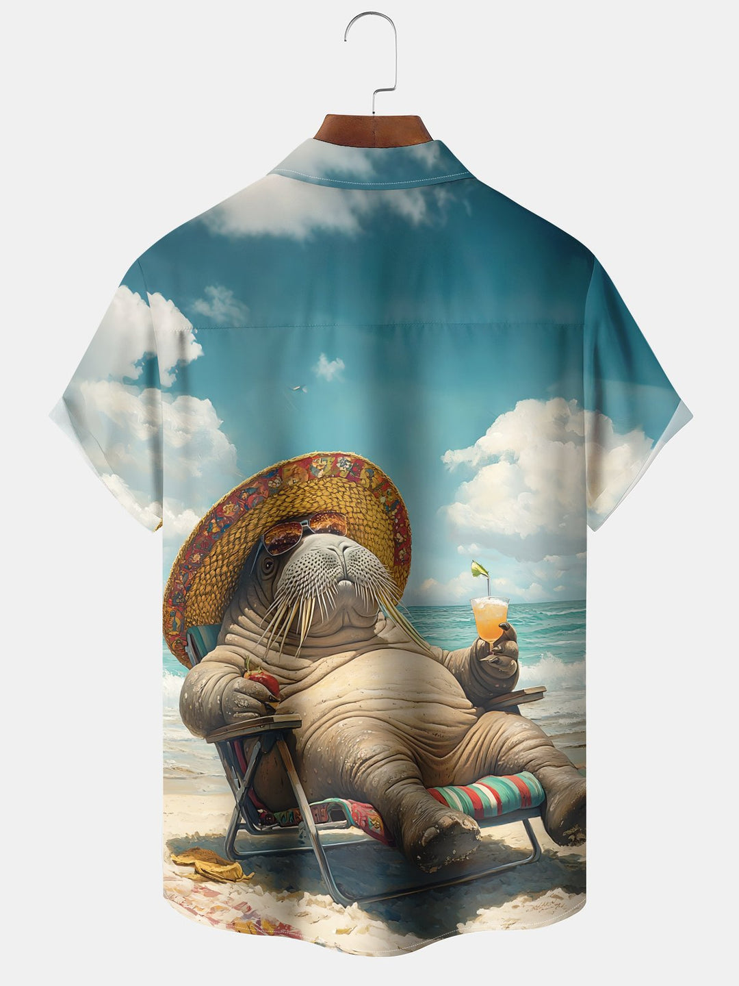 Alohadaddy Hawaiian Vacation Seal Print Art Loose Cardigan Button Pocket Stretch Long Large Size Short Sleeve Shirt