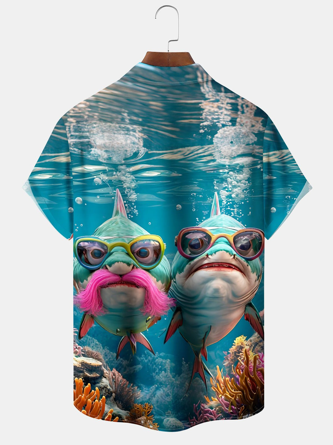Alohadaddy Casual Collection Hawaiian Shark Print Art Pocket Cardigan Buttons Polyester Stretch Short Sleeve Shirt