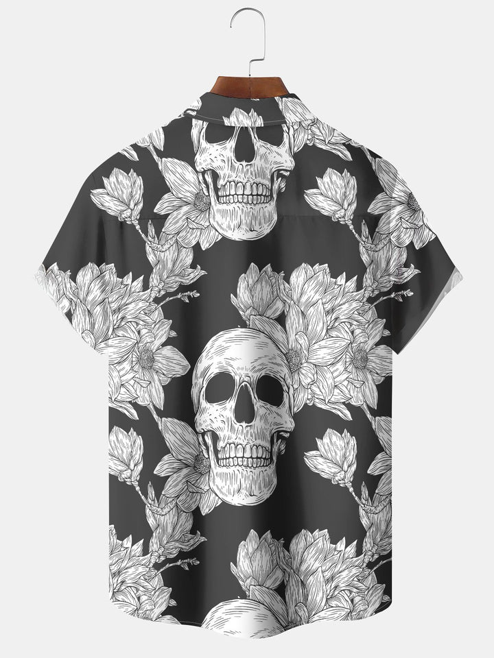 Alohadaddy Hawaiian Casual Skull Palm Leaf Print Art Buttons Pocket Cardigan Stretch Large Size Short Sleeve Shirt