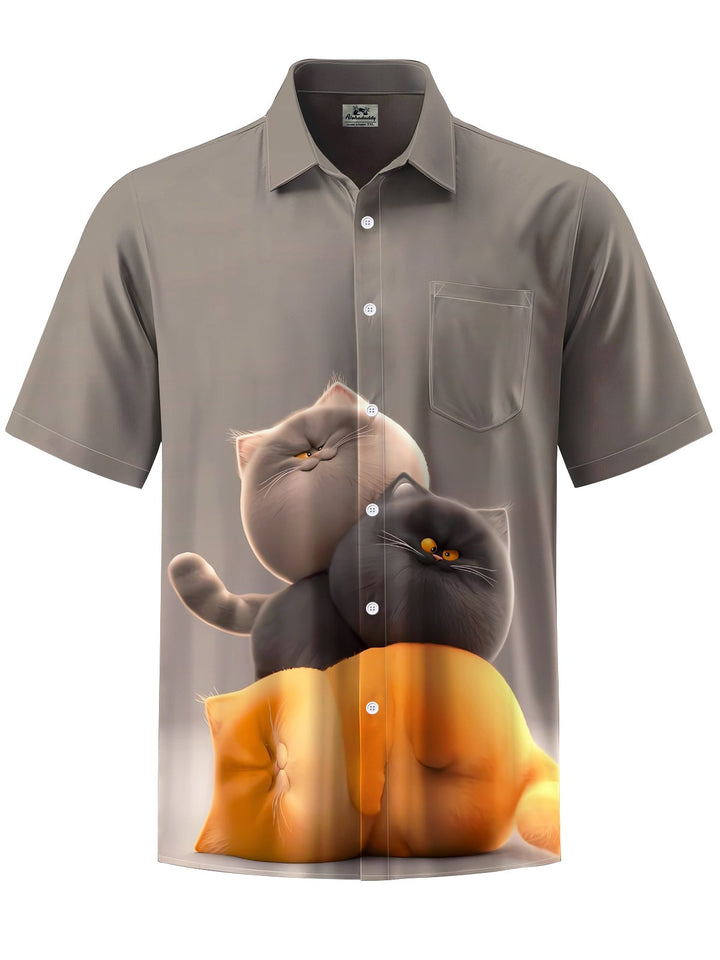 Alohadaddy® Casual Cat Art Print Moisture Wicking Chest Pocket Mens Short Sleeve Shirt Big &amp; Tall