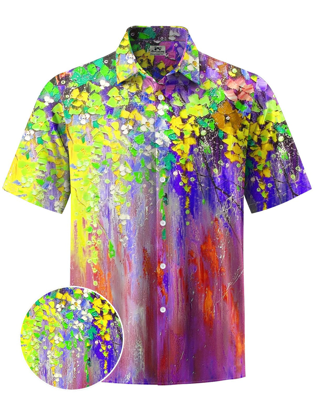 Alohadaddy® Hawaiian Acrylic Oil Painting Leaves Print Art Chest Pocket Men Short Sleeve Shirt Big &amp; Tall