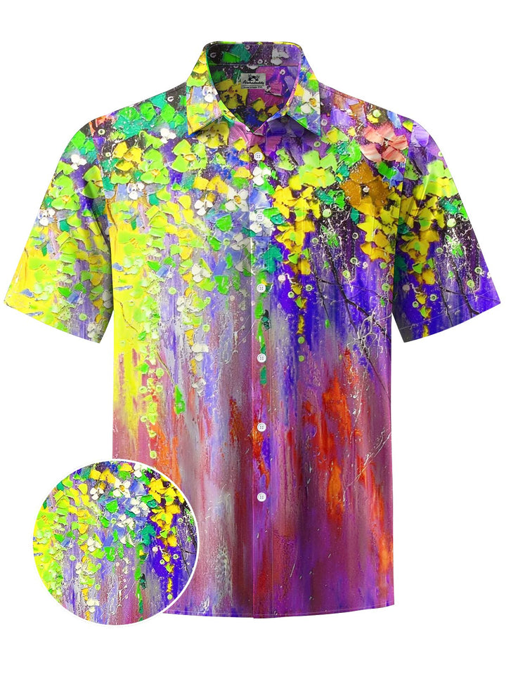 Alohadaddy® Hawaiian Acrylic Oil Painting Leaves Print Art Chest Pocket Men Short Sleeve Shirt Big &amp; Tall