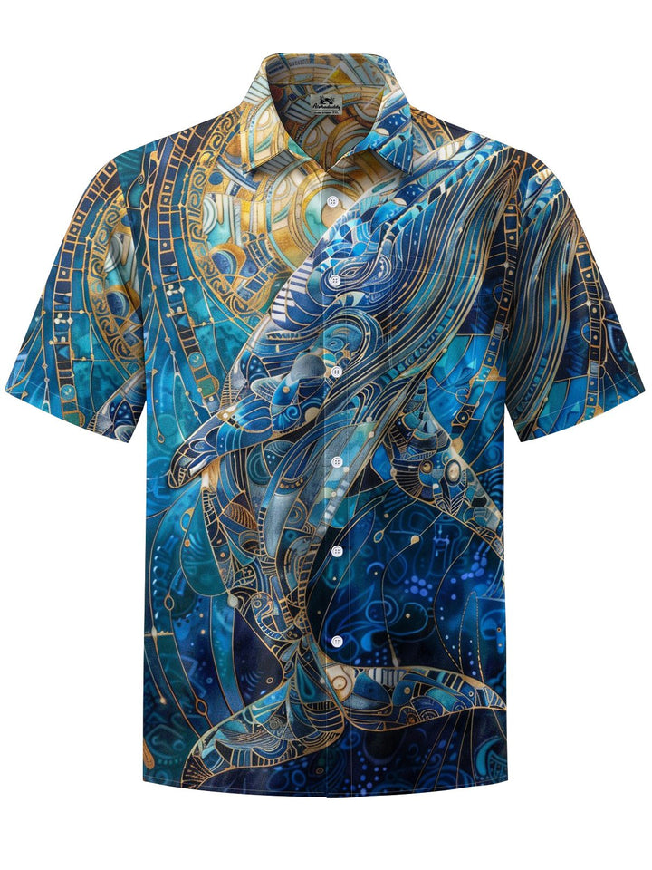 Alohadaddy® Hawaii Whale Art Print Chest Pocket Mens Short Sleeve Shirt Big &amp; Tall