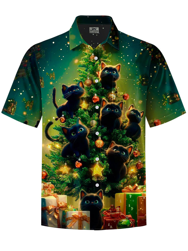 Alohadaddy® Christmas Fir Cat Print Elastic Pocket Button Men&