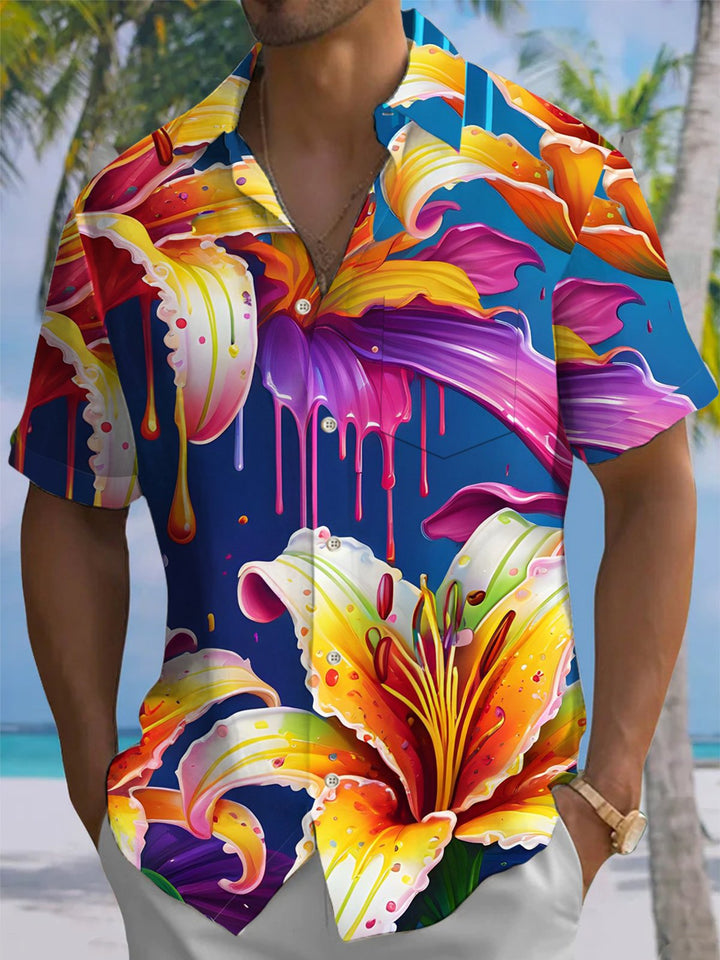 Alohadaddy® Casual Floral Acrylic Print Pockets Button Closure Stretch Men&