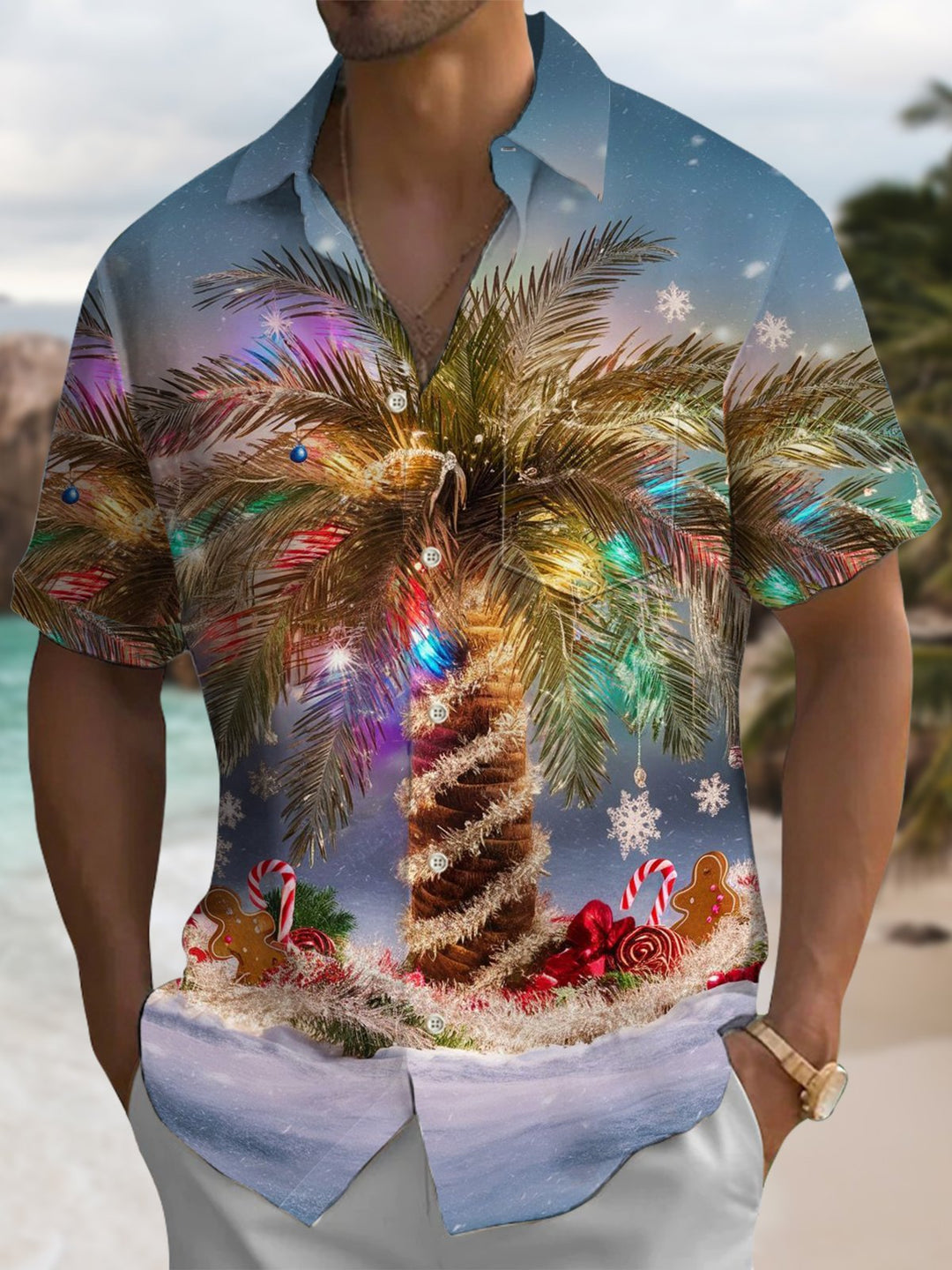 Alohadaddy® Christmas Tree Print Pocket Elastic Button Men&