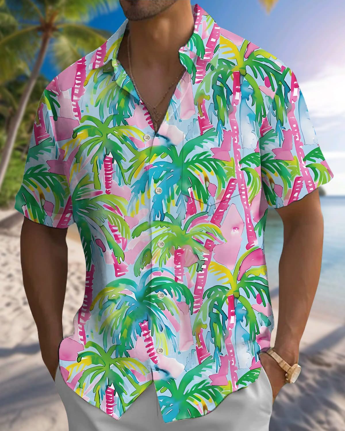 Alohadaddy® Hawaiian Palm Tree Print Pocket Elastic Button Men's Long Sleeve Shirt Big & Tall