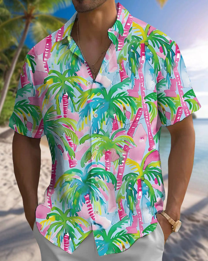Alohadaddy® Hawaiian Palm Tree Print Pocket Elastic Button Men&