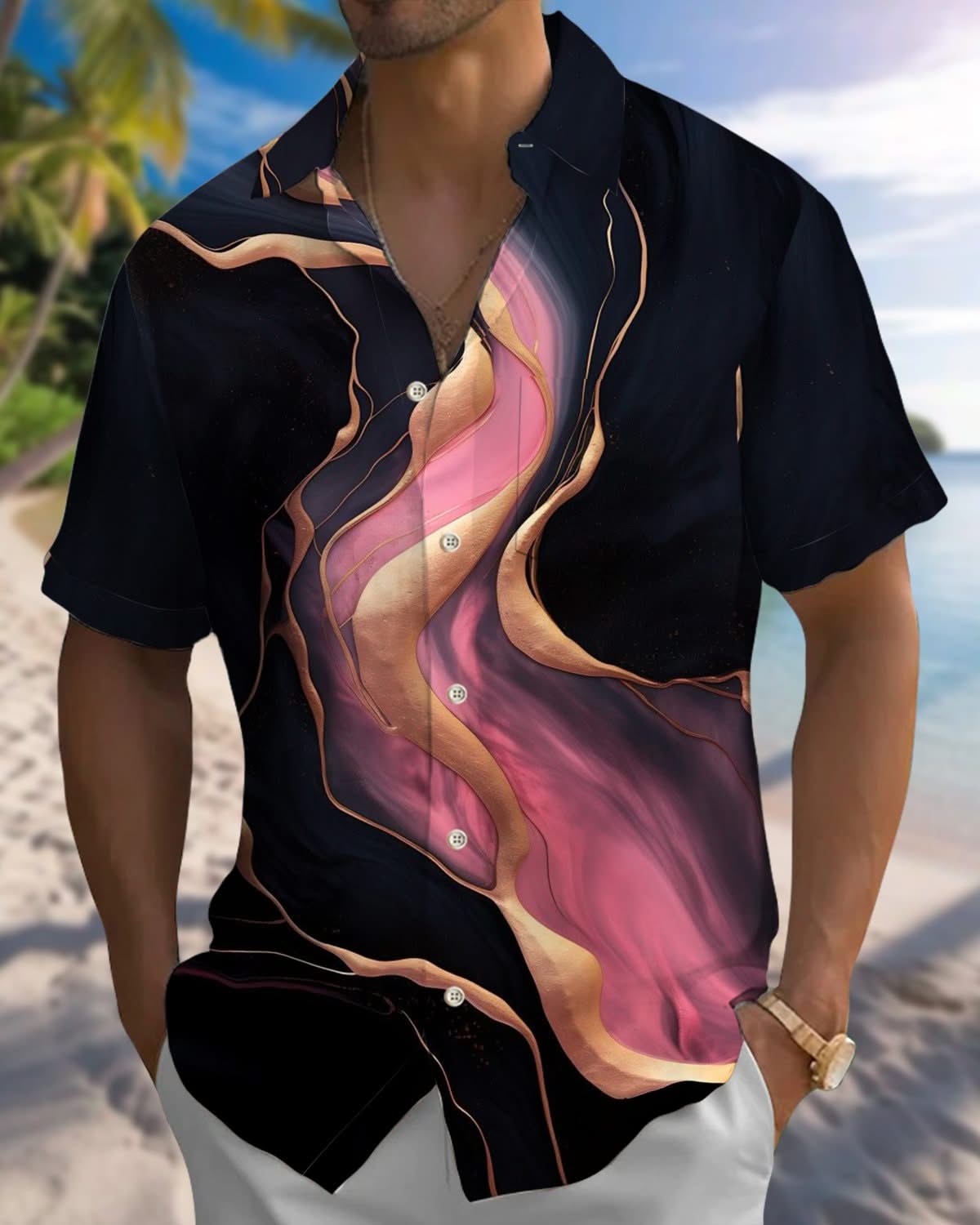 Alohadaddy® Casual Abstract Texture Pocket Elastic Button Men's Short Sleeve Shirt Big & Tall