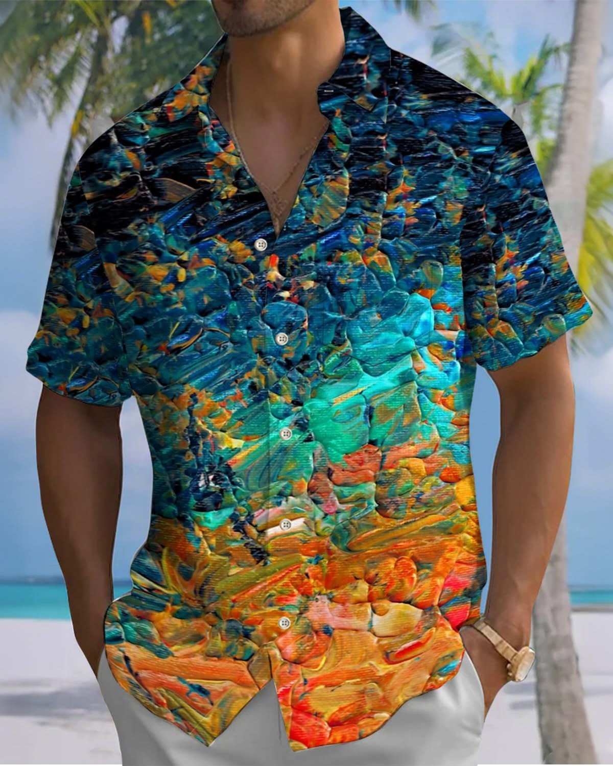 Alohadaddy® Vintage Gradient Acrylic Paint Print Art Pockets with Elastic Buttons Men's Short-Sleeve Shirt Big & Tall