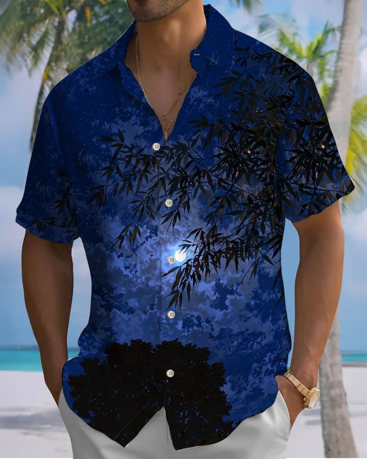 Alohadaddy® Casual Bamboo Leaf Night Sky Print Art Stretch Men's Short-Sleeve Shirt Big & Tall