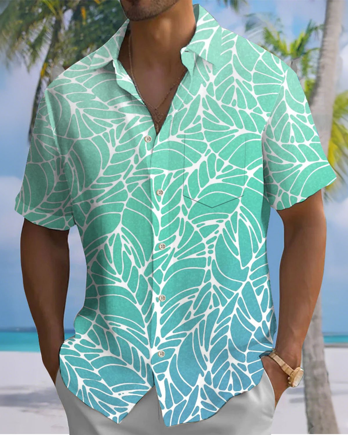 Alohadaddy® Vintage Gradient Leaf Print Art Pocket Button Stretch Men's Short-Sleeve Shirt Big & Tall