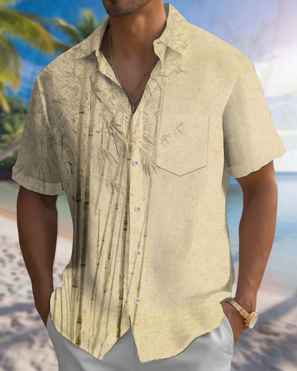 Alohadaddy® Casual Painting Bamboo Print Art Button-Down Pocket Men's Short-Sleeve Shirt Big & Tall