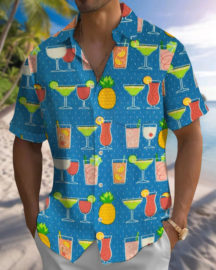 Alohadaddy® Hawaiian Cocktail Print Art Pocket Button Men&