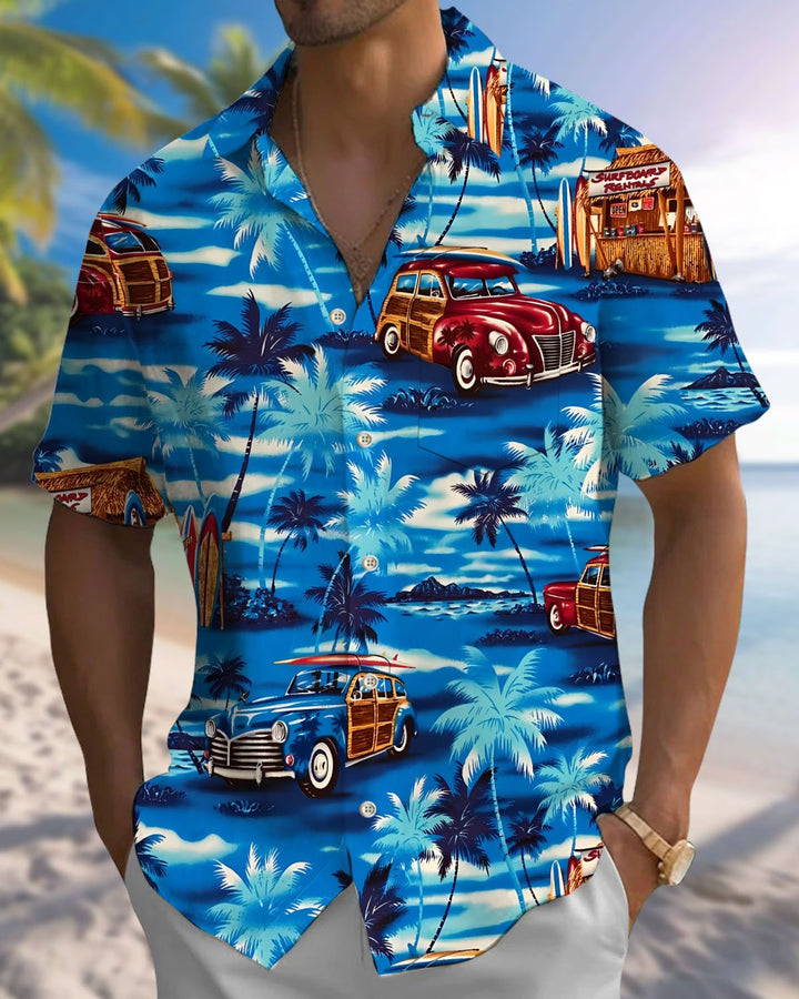 Alohadaddy® Casual Palm Tree Car Print Art Print Button Pocket Cardigan Men&