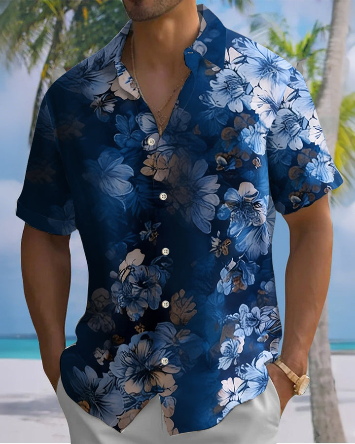 Alohadaddy® Hawaiian Gradient Floral Print Art Button Pocket Cardigan Men&