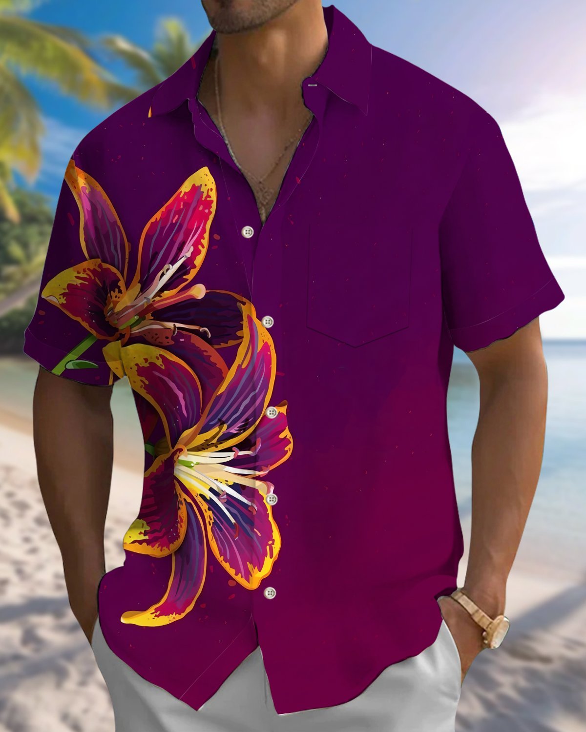 Alohadaddy® Vintage Lily Print Art Button Pocket Cardigan Men's Short Sleeve Shirt Big & Tall