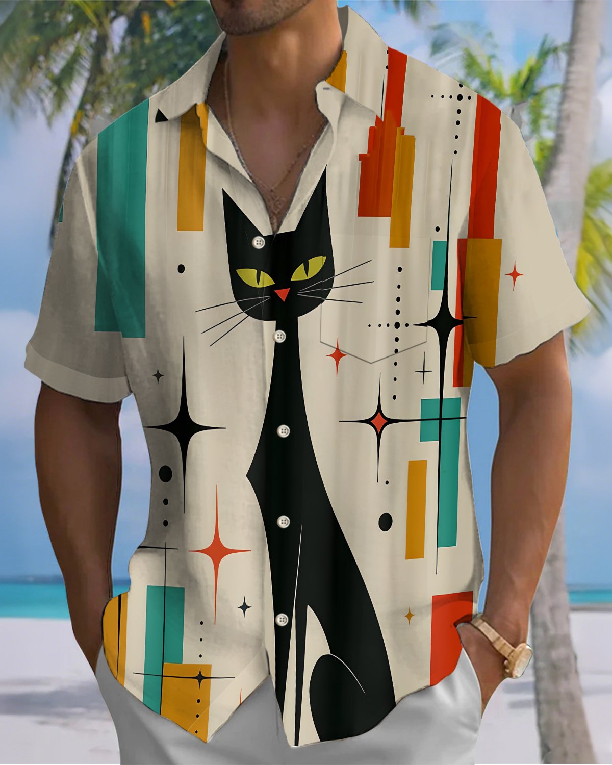 Alohadaddy® Vintage Atomic Print Art Button Pocket Cardigan Men's Short Sleeve Shirt Big & Tall