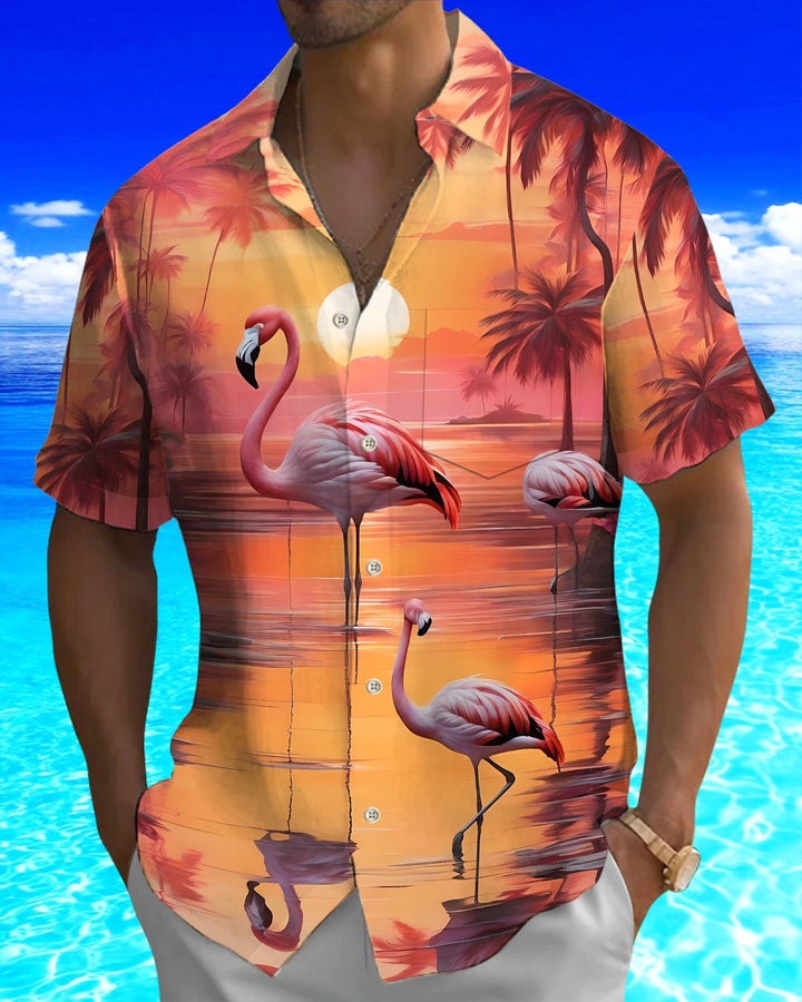 Alohadaddy® Hawaiian Flamingo Print Art Button Pocket Cardigan Men&