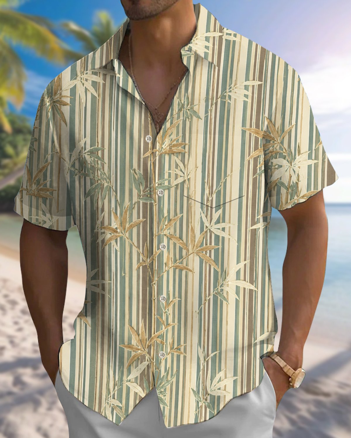 Alohadaddy® Hawaiian Bamboo Print Art Button Pocket Cardigan Men's Short Sleeve Shirt