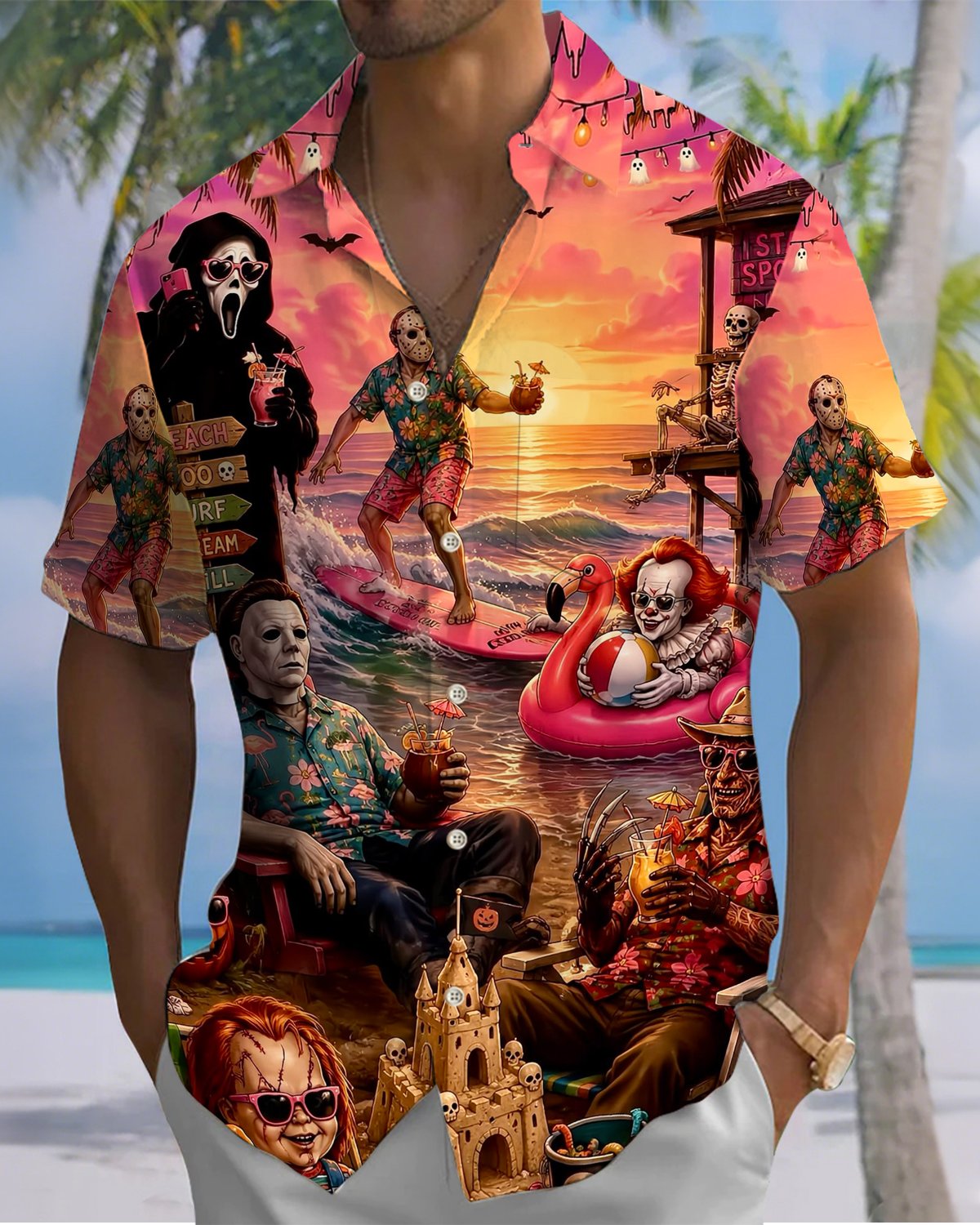 Alohadaddy® Holiday Halloween Graphic Print Button-Down Pocket Cardigan-Style Men's Short-Sleeve Shirt