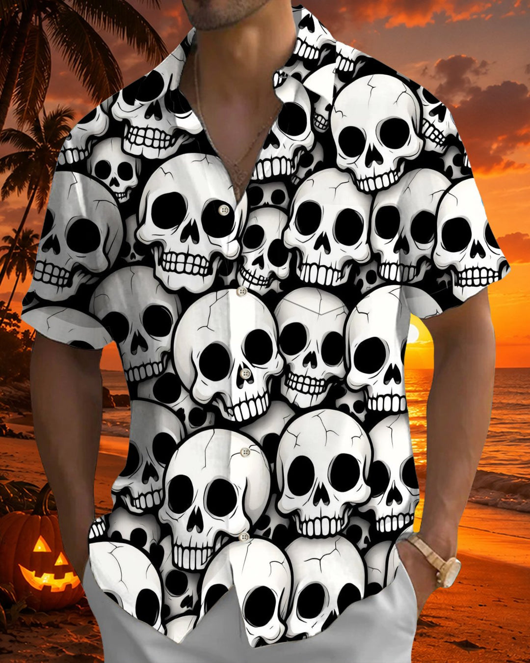 Alohadaddy® Holiday Halloween Graphic Print Button-Down Pocket Cardigan-Style Men&