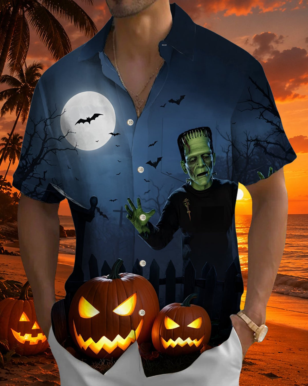 Alohadaddy® Holiday Halloween Graphic Print Button-Down Pocket Cardigan-Style Men&