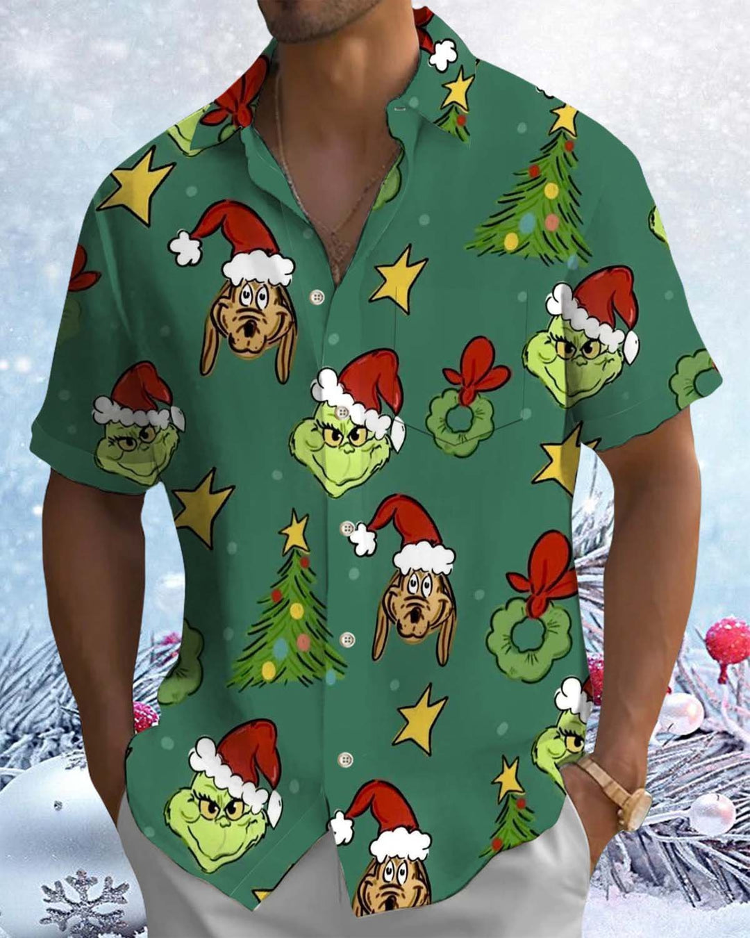 Alohadaddy® Holiday/Christmas Print Button-Down Short-Sleeve Shirt with Pocket for Men