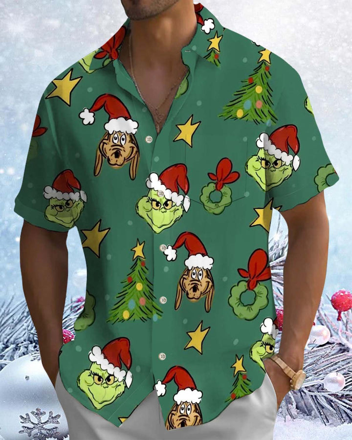 Alohadaddy® Holiday/Christmas Print Button-Down Short-Sleeve Shirt with Pocket for Men