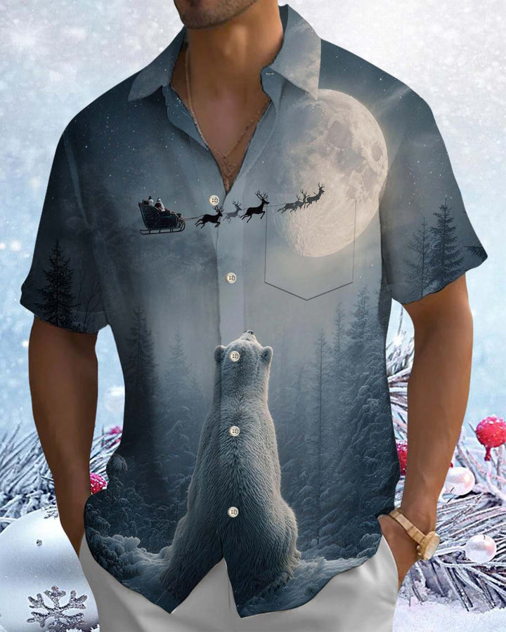 Alohadaddy® Holiday/Christmas Print Button-Down Short-Sleeve Shirt with Pocket for Men