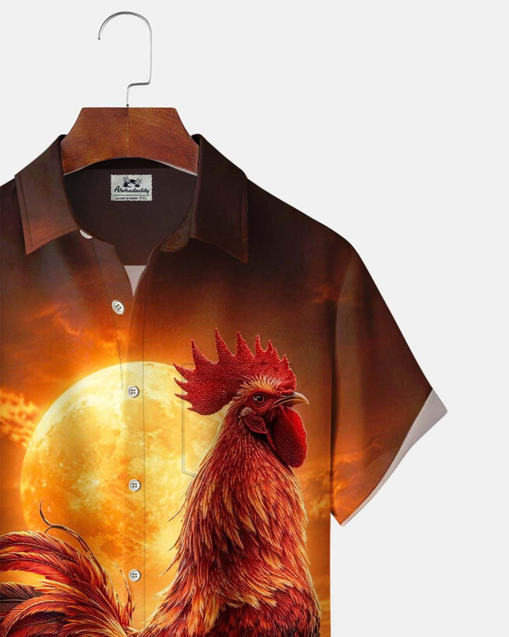 Alohadaddy® Men’s Short-Sleeve Button-Down Shirt with Vintage Rooster Print and Pocket