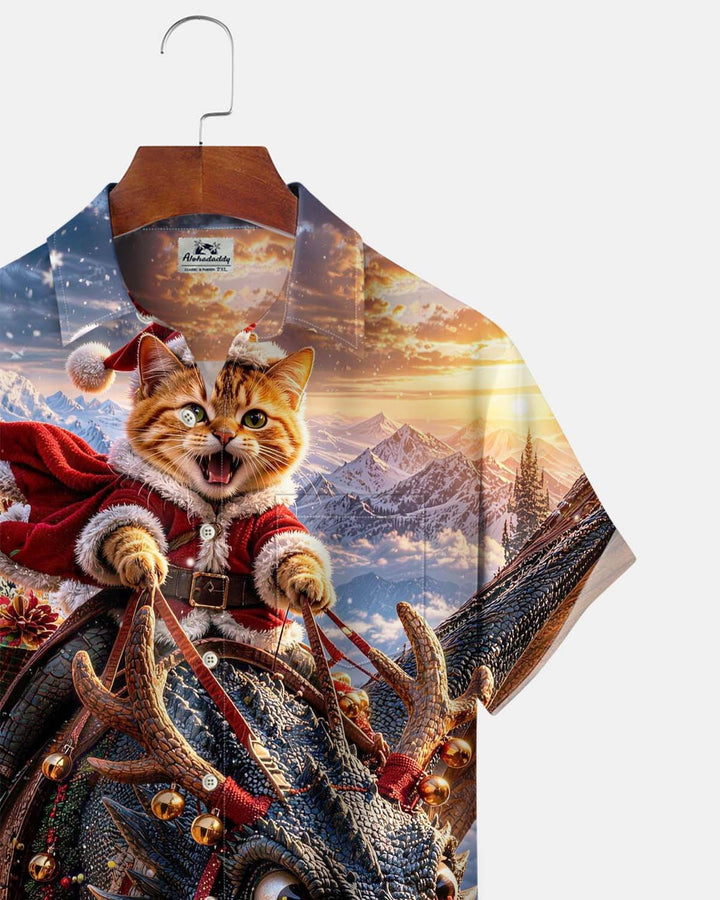 Alohadaddy® Holiday/Christmas Cat-Dragon Print Button-Down Short-Sleeve Men’s Cardigan Shirt with Pocket