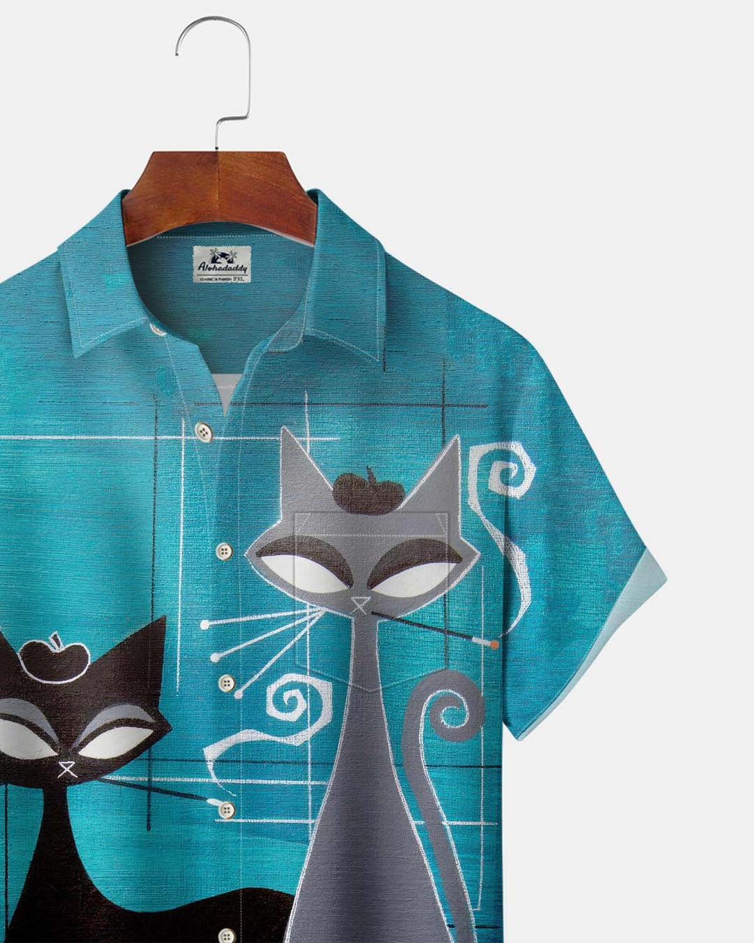 Alohadaddy® Vintage Atomic Cat Print Button-Down Short-Sleeve Men’s Shirt with Pocket