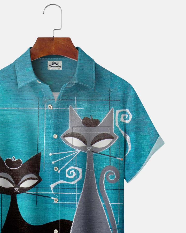 Alohadaddy® Vintage Atomic Cat Print Button-Down Short-Sleeve Men’s Shirt with Pocket