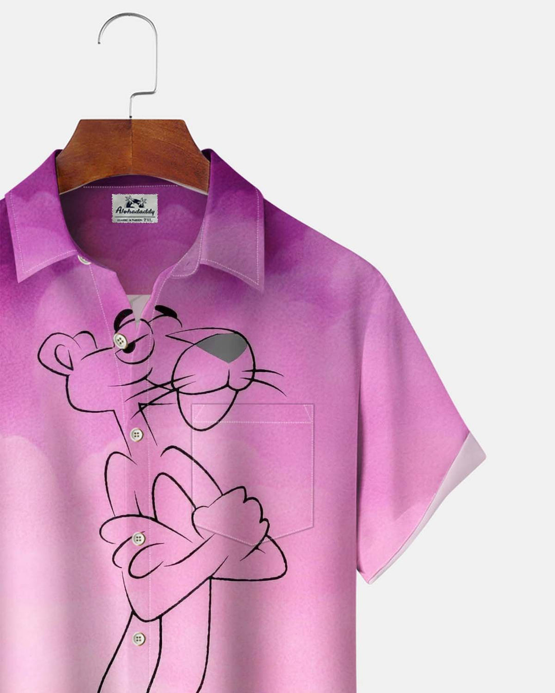 Alohadaddy® Men’s Short-Sleeve Casual Button-Down Shirt with Pink Panther Graphic Print and Pocket