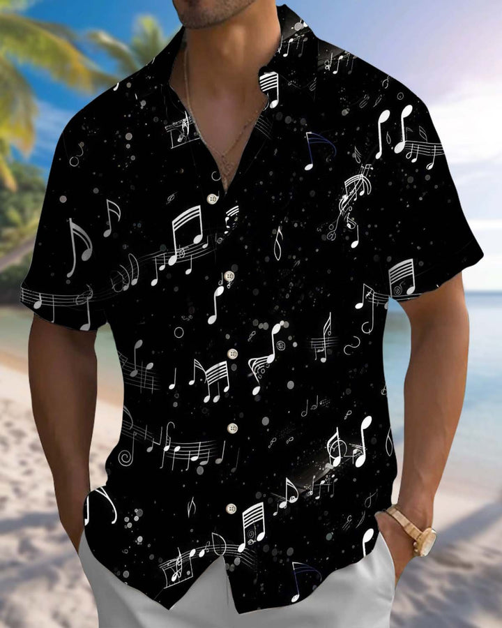 Alohadaddy® Men’s Short-Sleeve Button-Down Shirt  Vintage Musical Note Print with Pocket