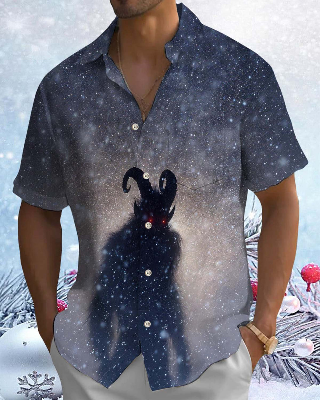 Alohadaddy® Men’s Short-Sleeve Button-Down Cardigan Shirt Vintage-Style Dark Goat Graphic Print with Pocket